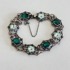 Antique Vintage Sterling Silver Enamel Flowers Emerald Green Glass Bracelet 6.5"